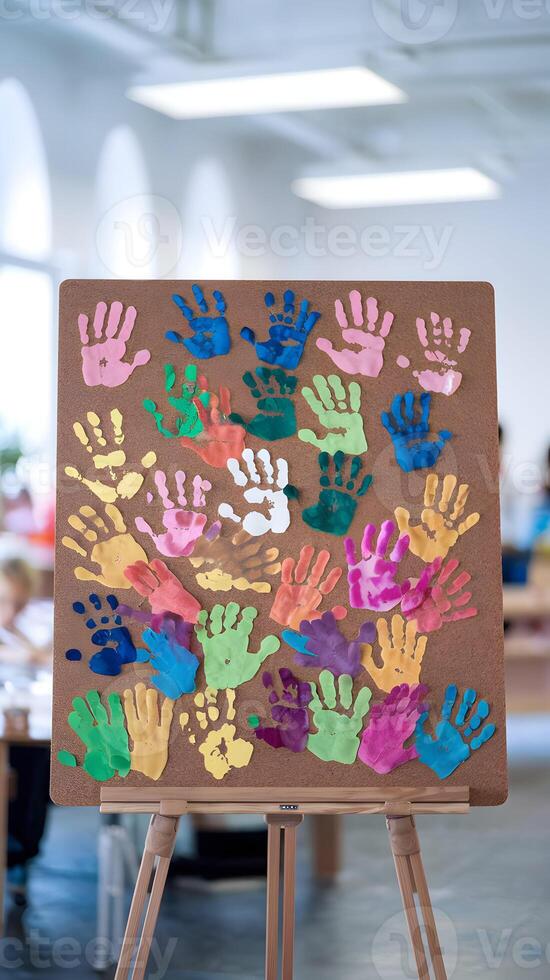 Corkboard with colorful handprints on a blurred classroom background, showing creativity Vertical Mobile Wallpaper photo