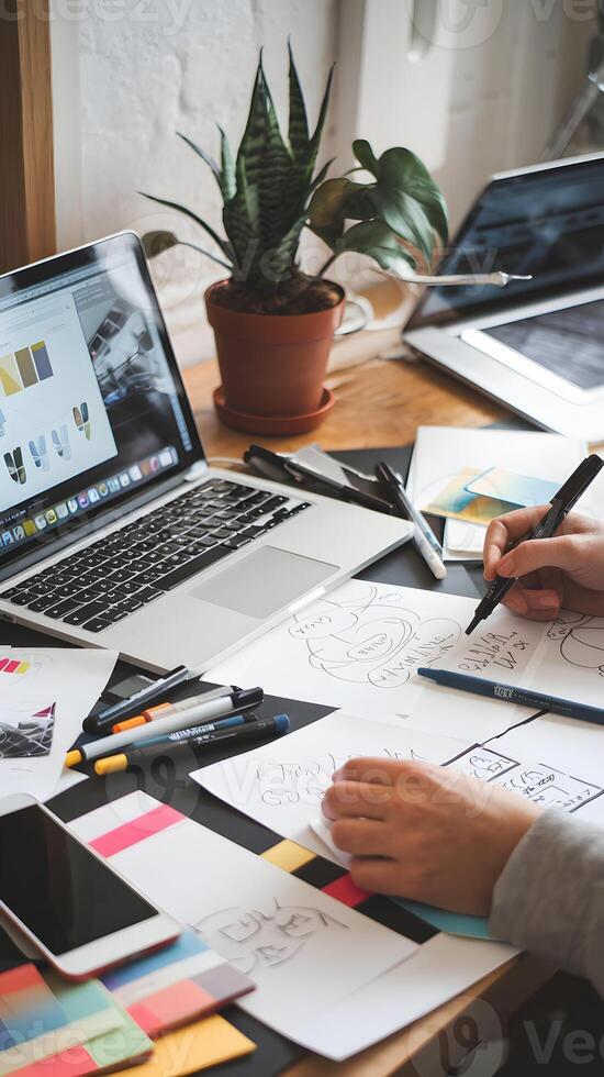 Creative workspace with sketches and markers blends technology and organic inspiration Vertical Mobile Wallpaper photo