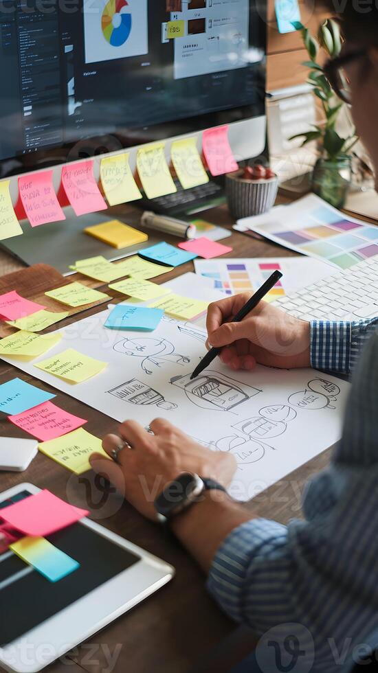 Designer sketches at desk filled with notes, vibrant sticky notes enhance creativity Vertical Mobile Wallpaper photo