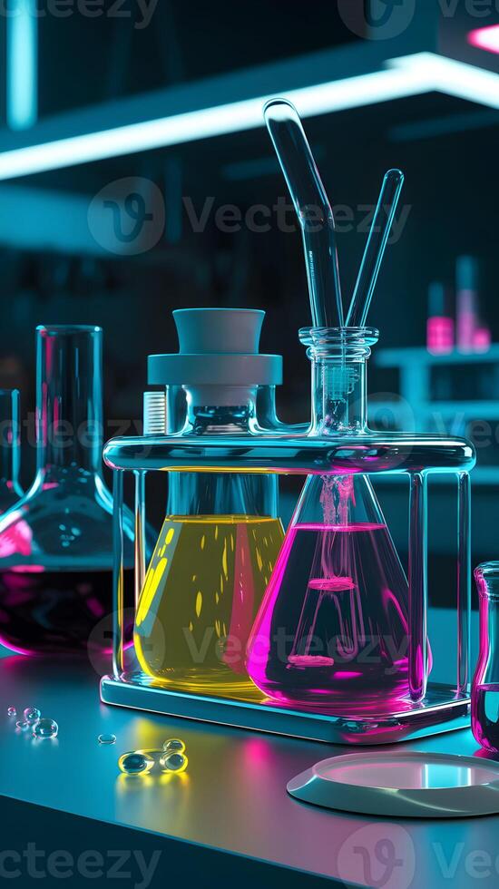 Lab counter with vibrant yellow and pink liquids in glass bottles under glowing lights Vertical Mobile Wallpaper photo