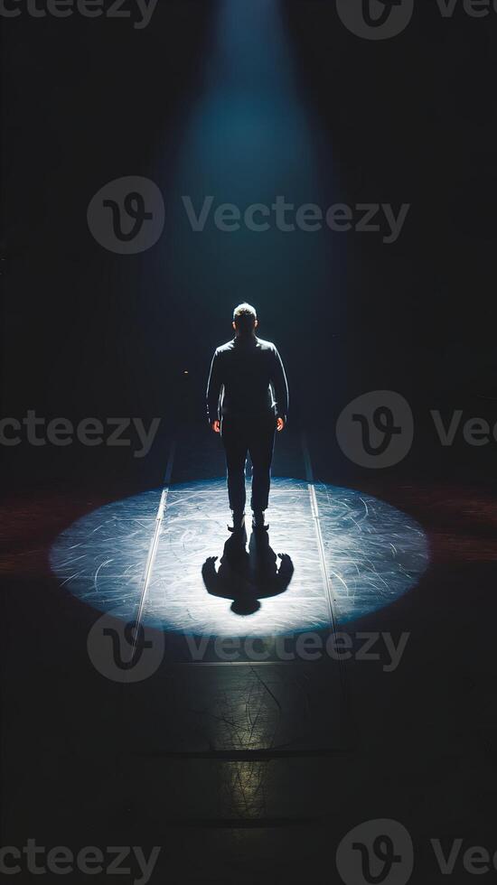 Lone figure stands in spotlight on dark stage, casting shadow, creating dramatic atmosphere Vertical Mobile Wallpaper photo