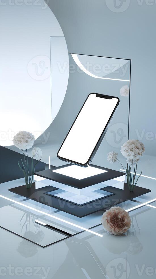 Floating smartphone on geometric platforms with sleek, minimalist design and soft lighting Vertical Mobile Wallpaper photo