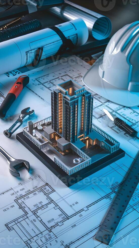 Building model on blueprints with construction tools, soft blue lighting for innovation Vertical Mobile Wallpaper photo