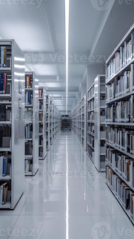 Modern library with white shelves, clean lines, and spacious reading environment Vertical Mobile Wallpaper photo