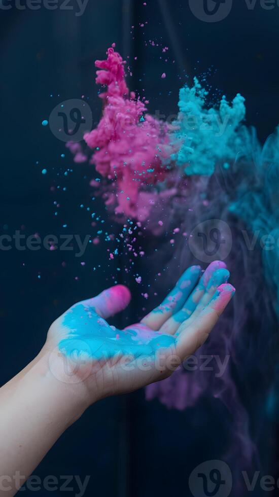 Moist hand releases colorful powder against dark backdrop, creating a mesmerizing, magical effect Vertical Mobile Wallpaper photo