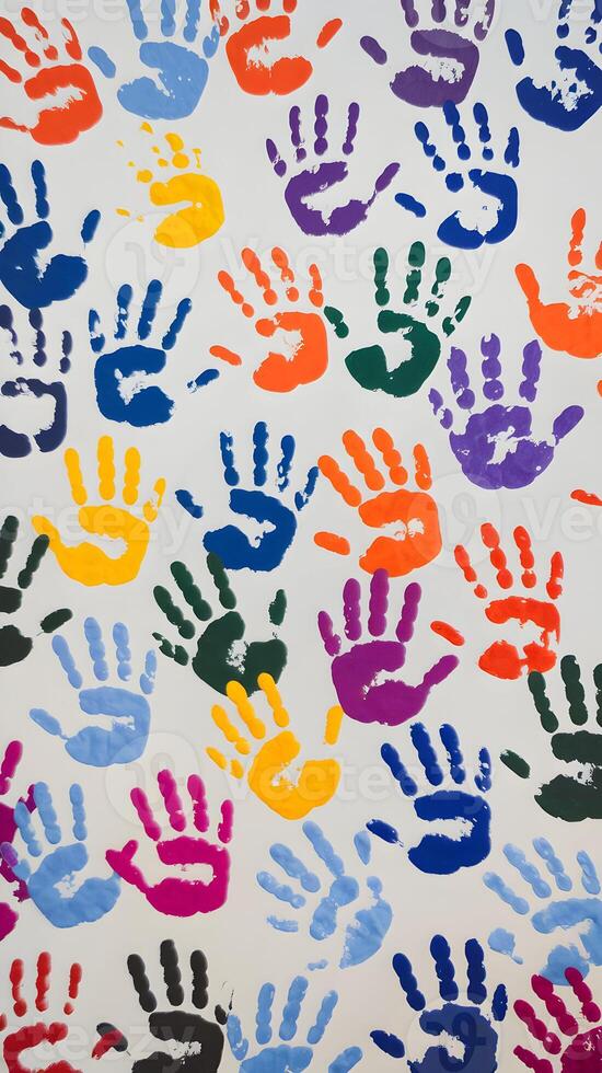 Multicolored handprints scattered across a white surface, reflecting creativity and community Vertical Mobile Wallpaper photo