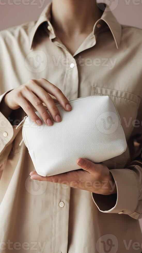 Person in beige shirt holding a white pouch, minimalist composition emphasizing elegance Vertical Mobile Wallpaper photo