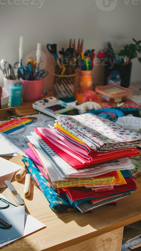 Vibrant fabrics and papers on wooden table, scissors and tools for crafting Vertical Mobile Wallpaper photo
