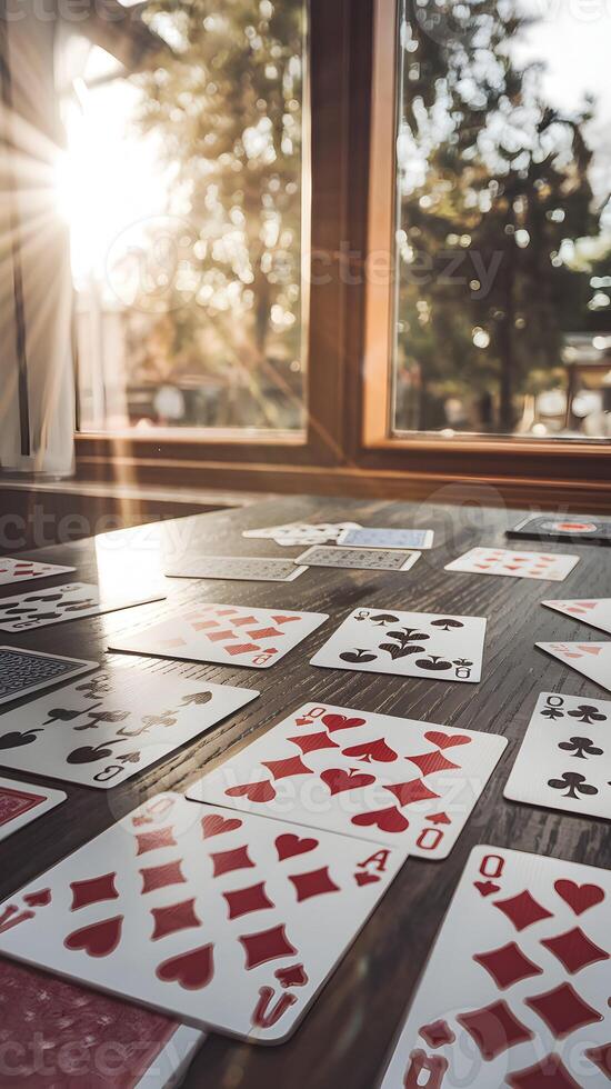 Playing cards spread across wooden table, sunlit trees casting golden rays Vertical Mobile Wallpaper photo