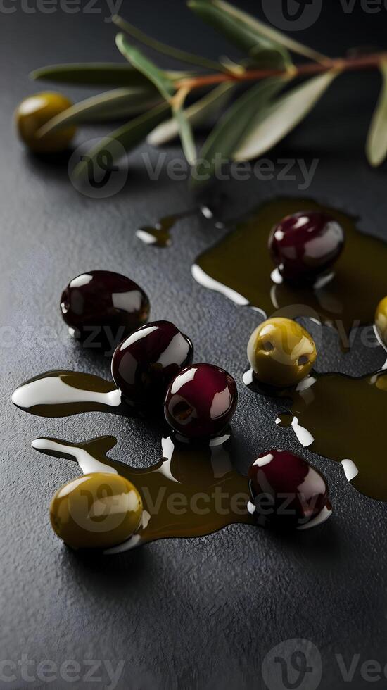 Glossy dark olives scattered on textured surface, reflecting a sophisticated visual Vertical Mobile Wallpaper photo