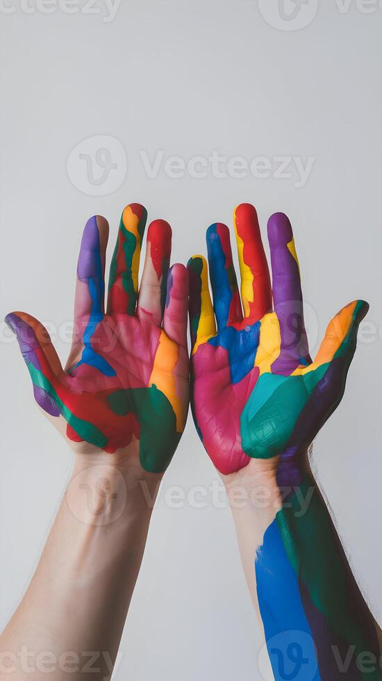 Two hands with vibrant multicolored paint, expressing creativity and bold contrasts Vertical Mobile Wallpaper photo