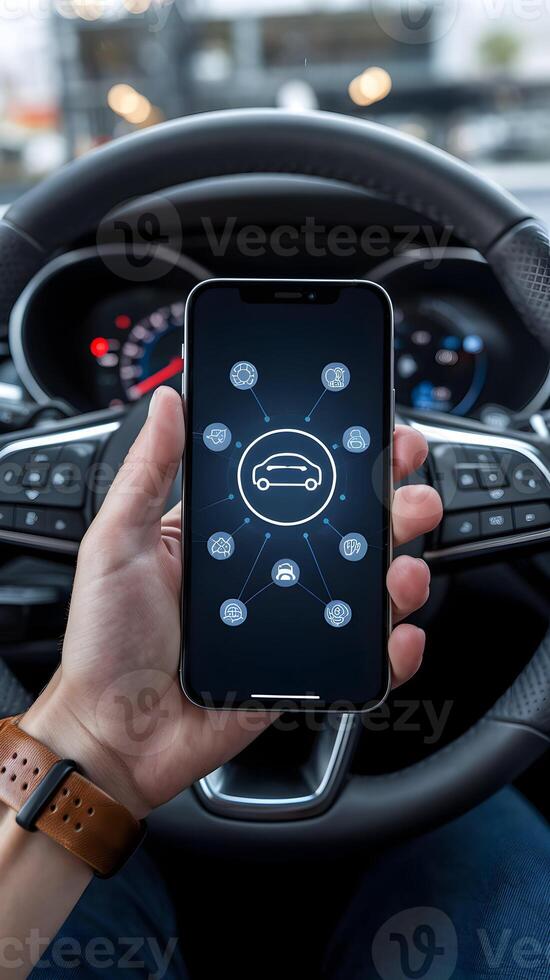Hand Holding Smartphone in Car Smartphone with car icons in hand, dashboard visible behind Vertical Mobile Wallpaper photo