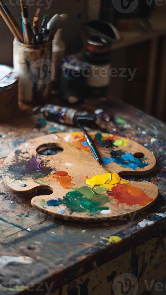 A wooden artists palette with vibrant paint, suggesting creativity and craftsmanship Vertical Mobile Wallpaper photo