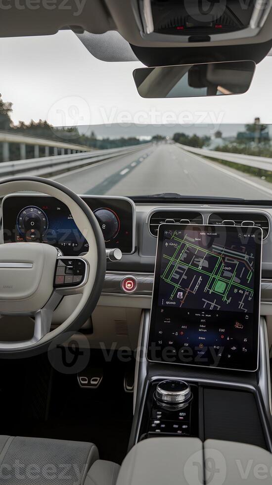 Modern Car Interior with Digital Displays and Highway in Motion Vertical Mobile Wallpaper photo