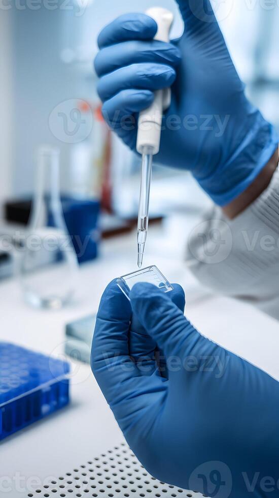 Blue gloves using pipette on glass slide, precision in laboratory environment Vertical Mobile Wallpaper photo