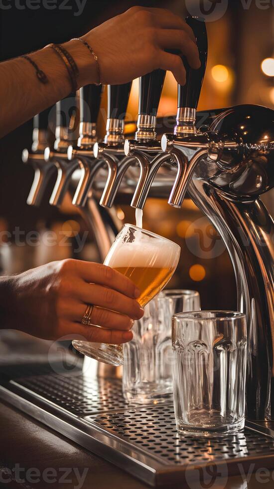 Beer Taps and Frothy Glass in Dimly Lit Bar Setting Vertical Mobile Wallpaper photo