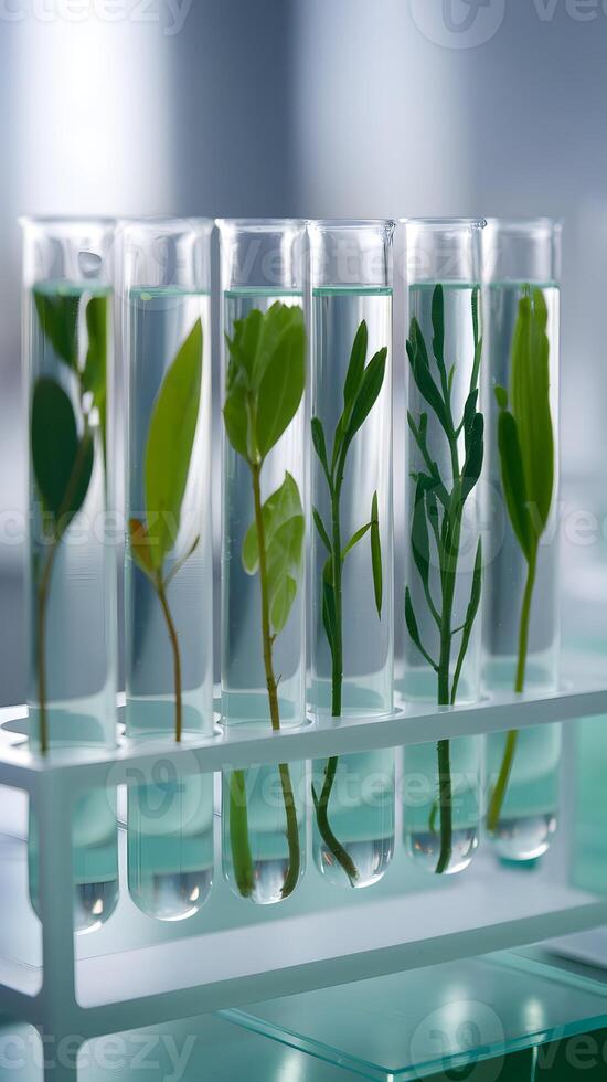 Test Tubes with Plants Test tubes with plants suspended in liquid in biotechnology lab Vertical Mobile Wallpaper photo