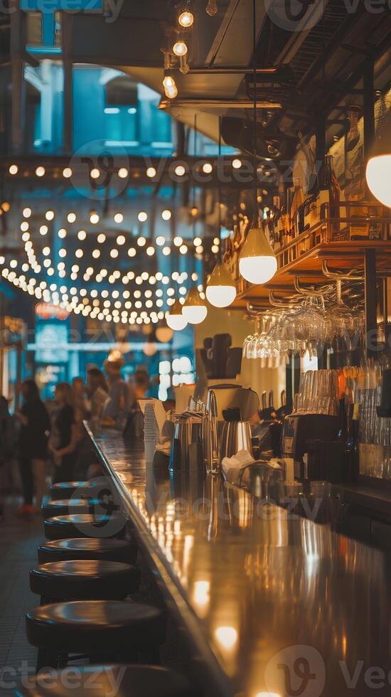 Vibrant bar scene, warm lighting, well stocked counter with blurred background Vertical Mobile Wallpaper photo