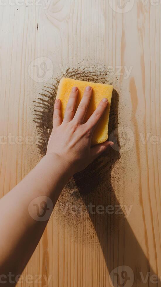 Hand cleans wooden table, yellow sponge removes visible dust particles effectively Vertical Mobile Wallpaper photo