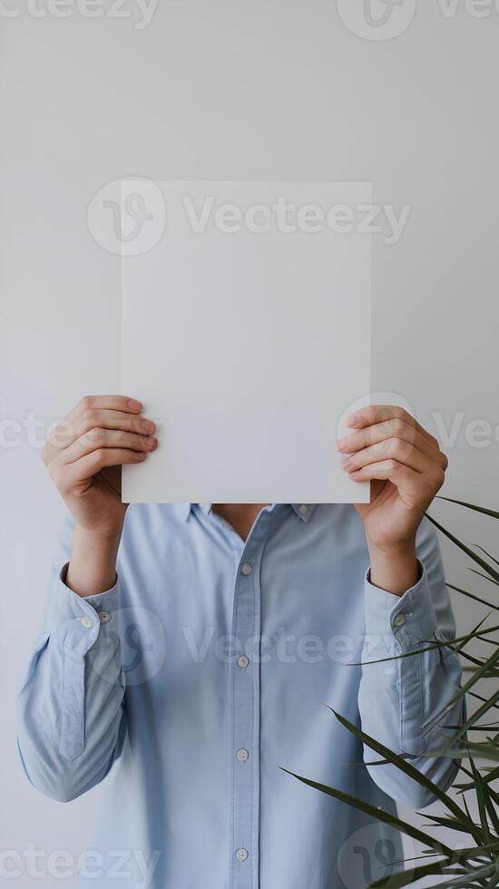Blank sheet held, obscured face, green plant adds contrast in minimalism Vertical Mobile Wallpaper photo