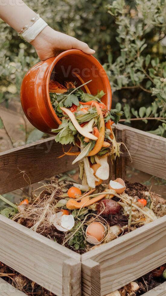 Composting vegetable scraps, outdoor greenery enriches natural sustainable lifestyle atmosphere Vertical Mobile Wallpaper photo