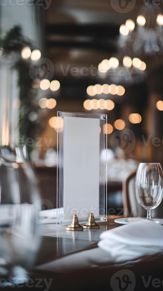 Transparent menu holder on elegant restaurant table with ambient lighting Vertical Mobile Wallpaper photo