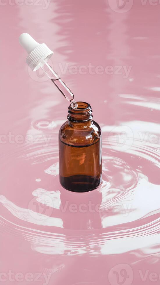 Dropper bottle in shimmering water, reflecting serenity and peaceful ambiance Vertical Mobile Wallpaper photo