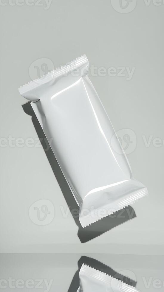 White packaging pouch floating on gray background, sealed minimalist design Vertical Mobile Wallpaper photo