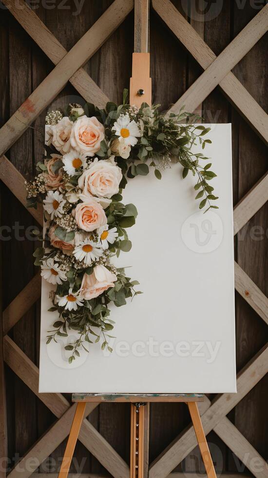 Canvas on easel with peach flowers, rustic backdrop of wooden beams Vertical Mobile Wallpaper photo