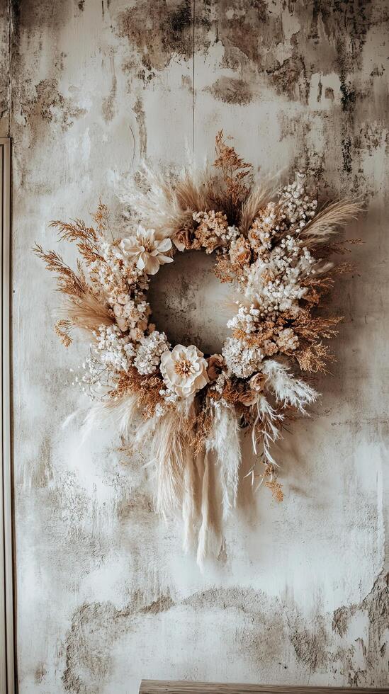 Boho Dried Flower Wreath on Rustic Wall photo
