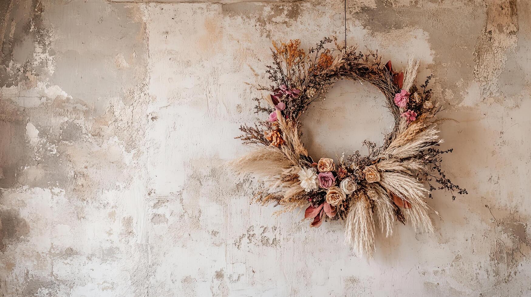 Rustic Dried Floral Wreath on a Distressed Wall photo