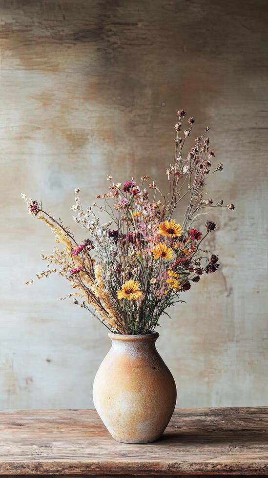 Rustic Dried Flower Bouquet in Earthenware Vase photo