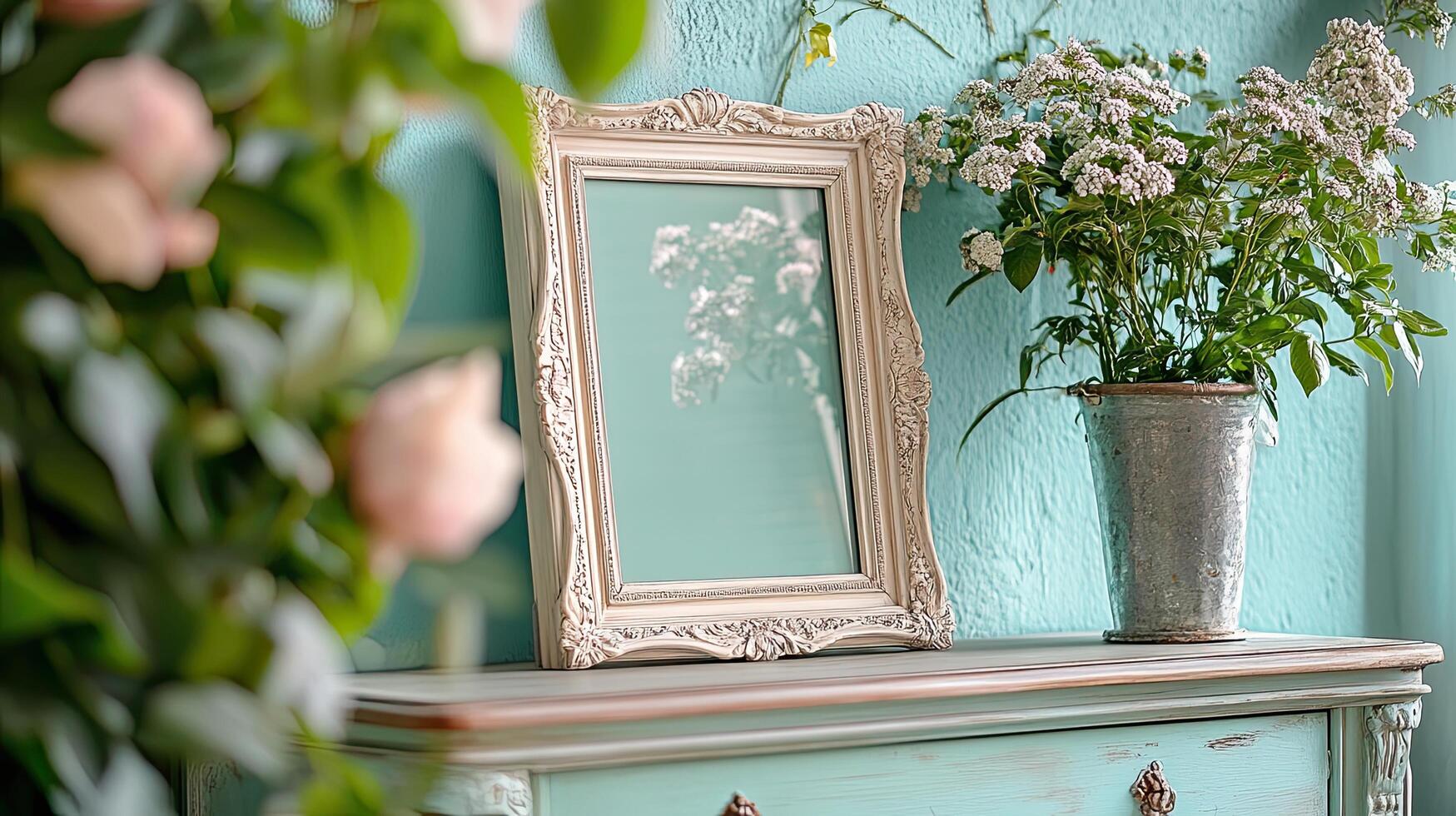 Elegant Teal Room Decor with Vintage Frame and Flowers photo