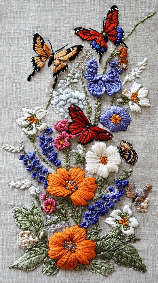 Detailed Embroidered Floral Bouquet - A Stunning Display of Nature's Beauty photo