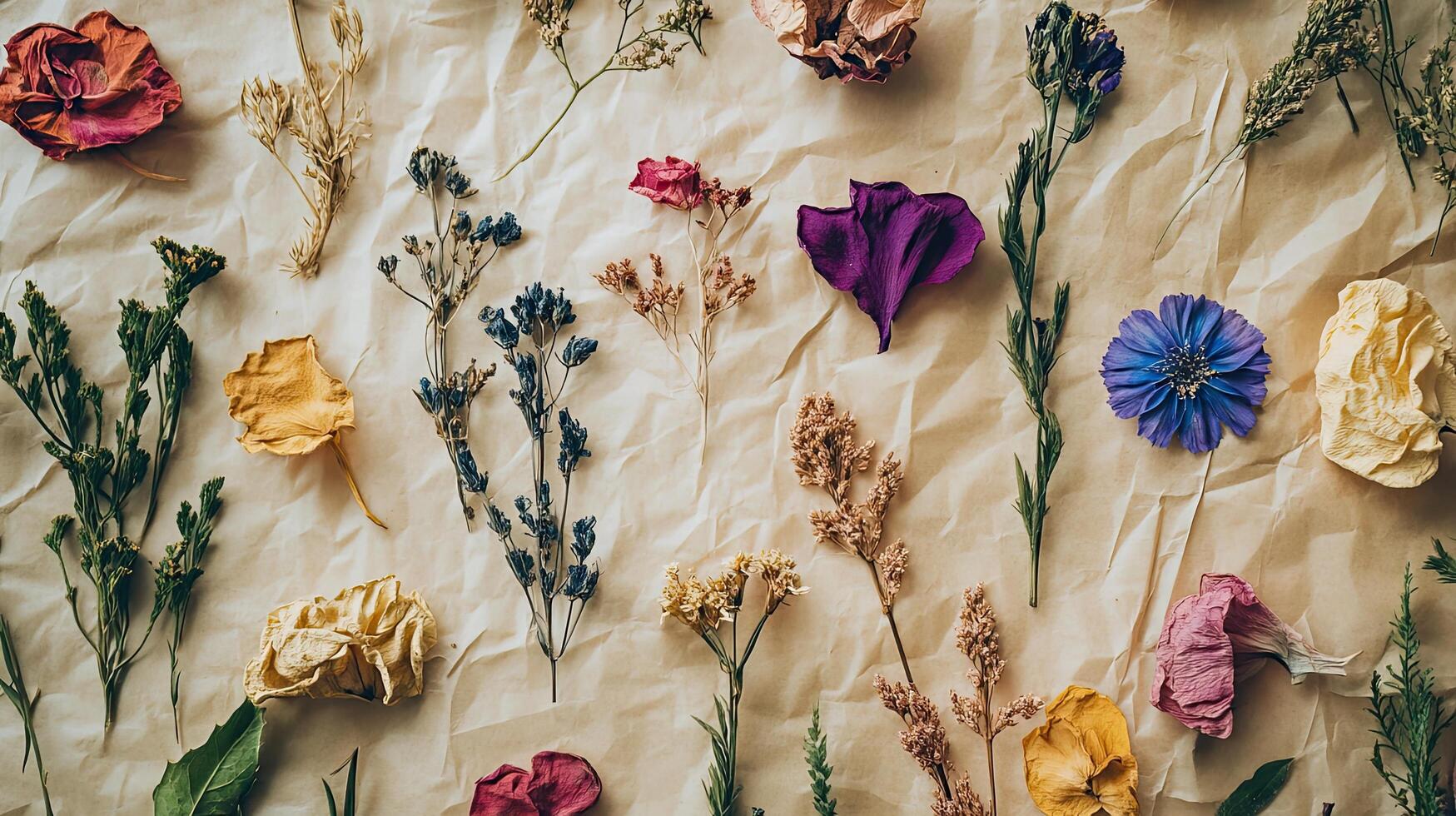 Dried Flowers Arrangement on Crinkled Paper photo