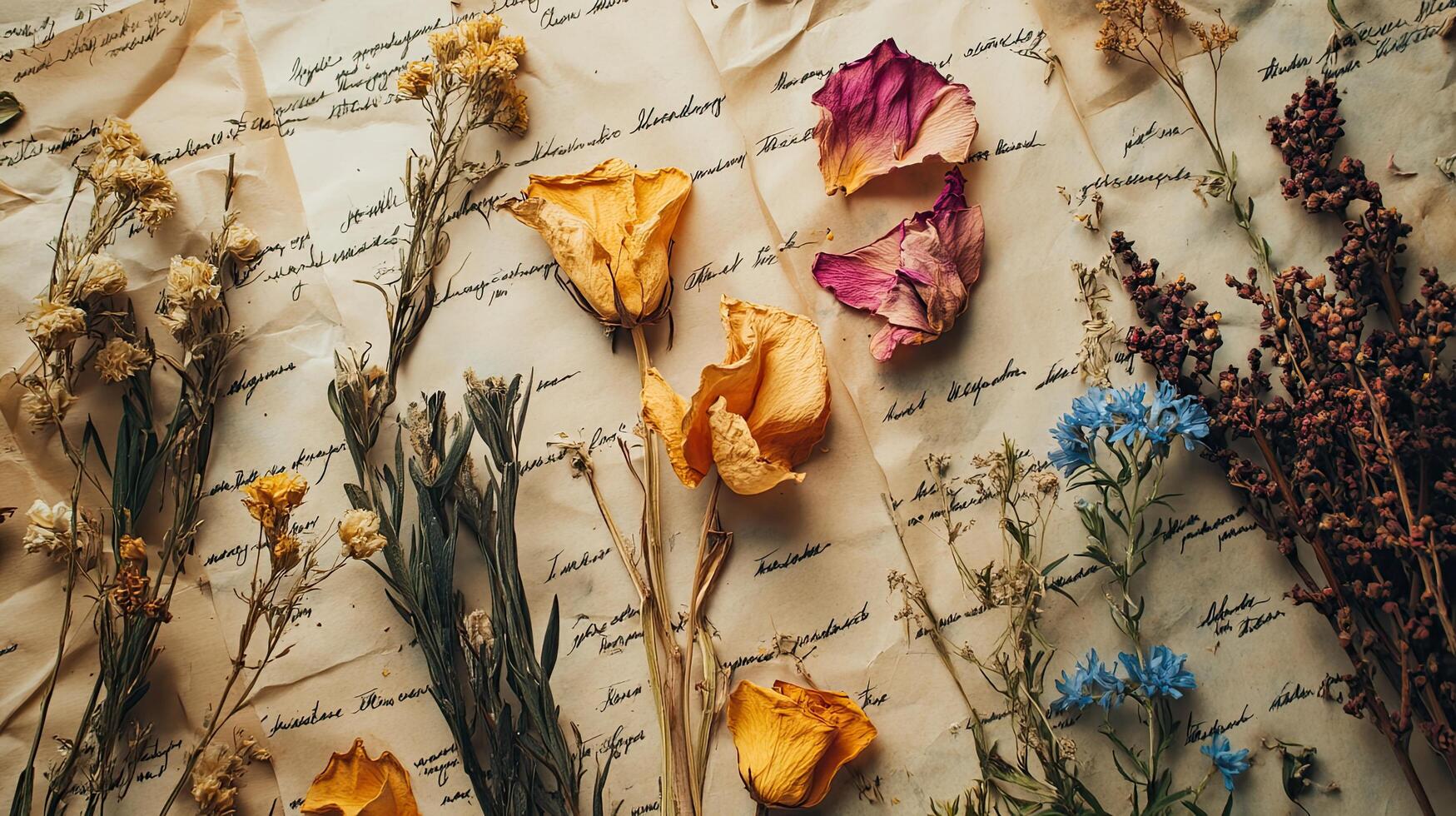 Dried Flowers on Vintage Paper - A Delicate Floral Arrangement photo