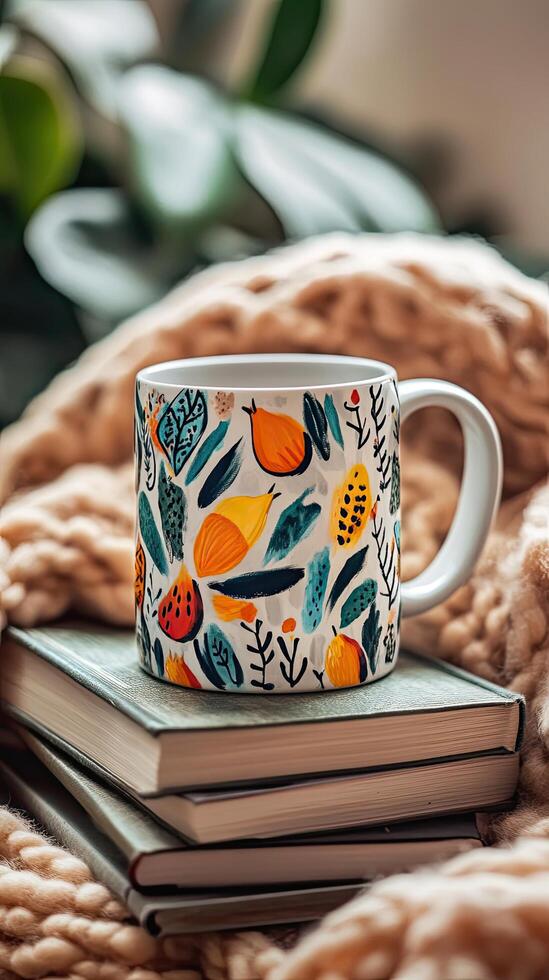 Floral Patterned Mug, Cozy Reading Nook photo