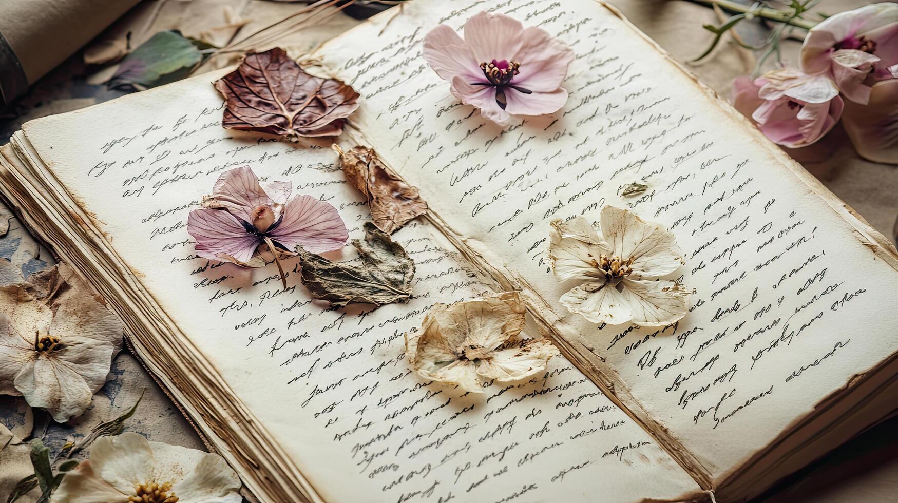 Antique Book with Dried Flowers and Handwritten Notes photo