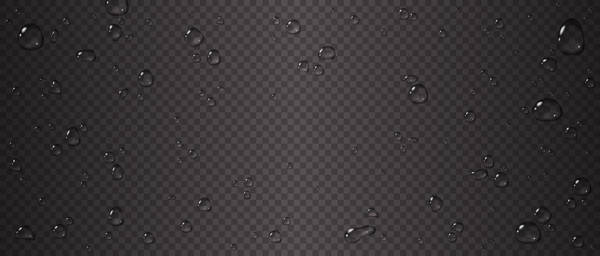 Transparent water droplets on a dark checkered background. illustration with glossy details for overlay effects and design elements. Realistic texture for overlay and design. vector