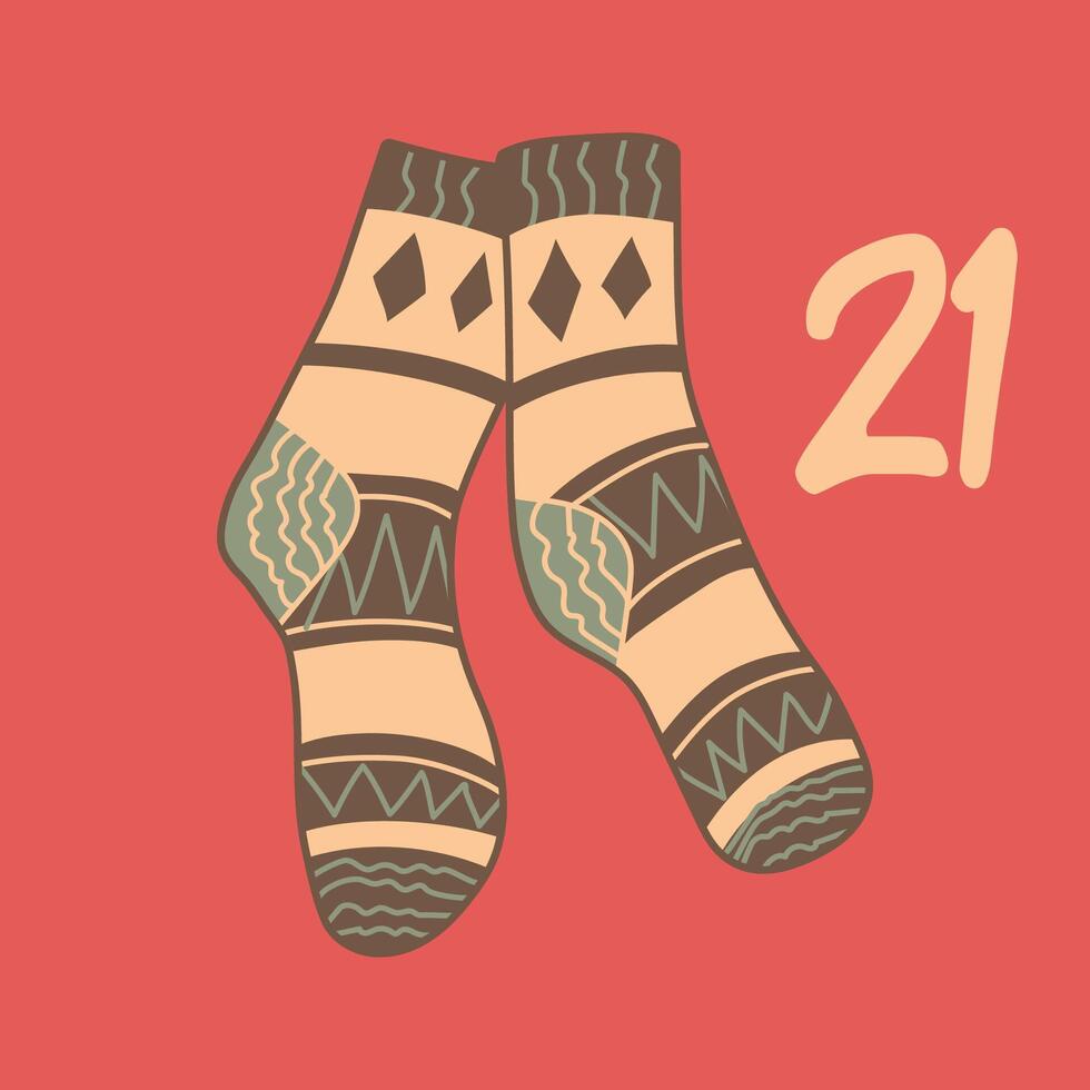 Advent-Christmas calendar, warm, knitted and cozy socks. A greeting card for printing. Illustration vector