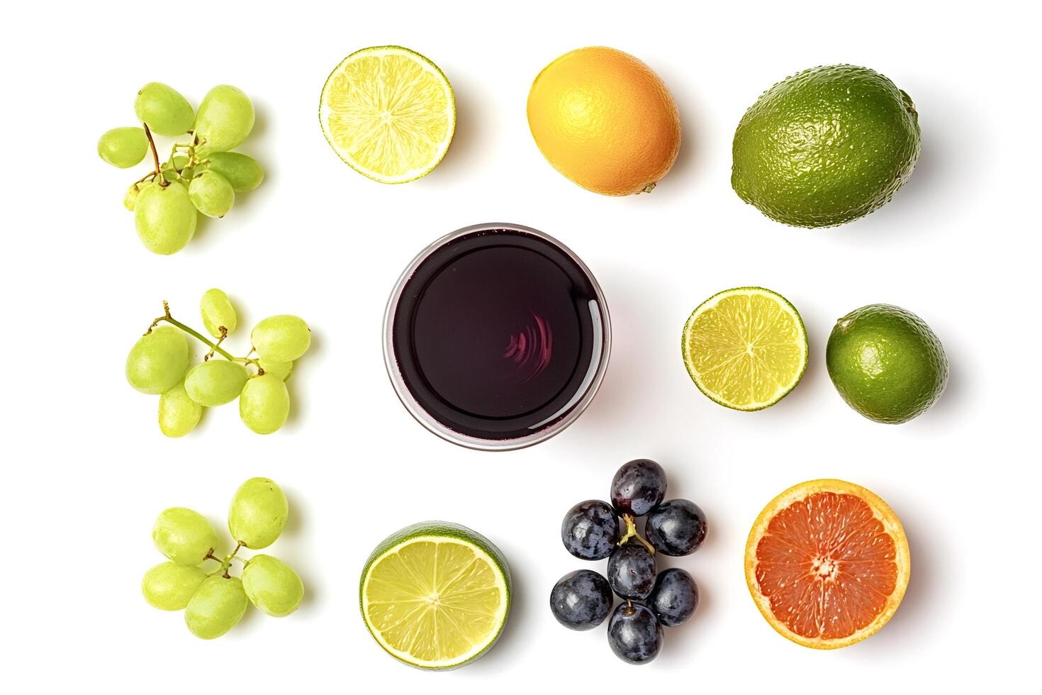 Wine, grapefruit, orange, lime and grapes forming a pattern on white background photo