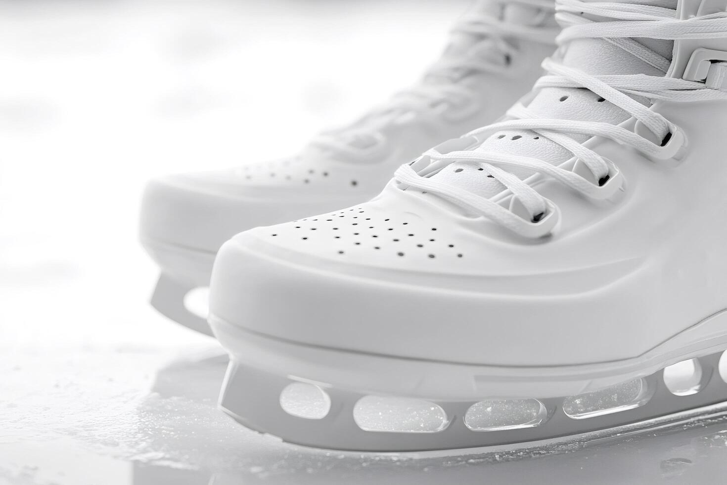 White ice skates resting on frozen surface photo