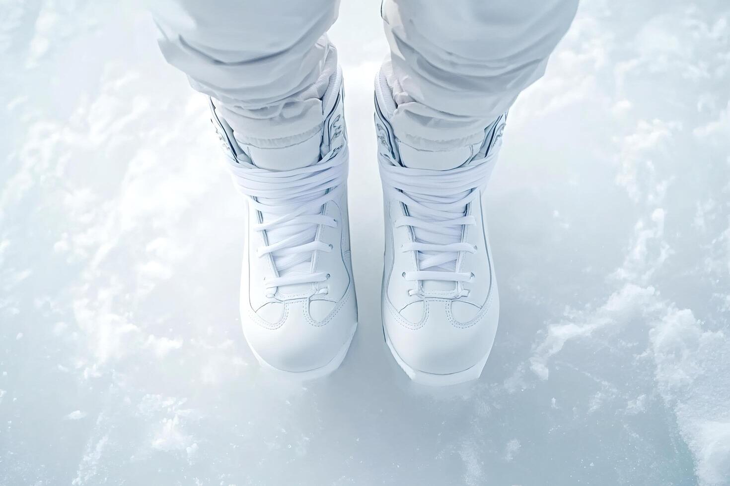 Ice skater wearing white ice skates standing on frozen lake photo