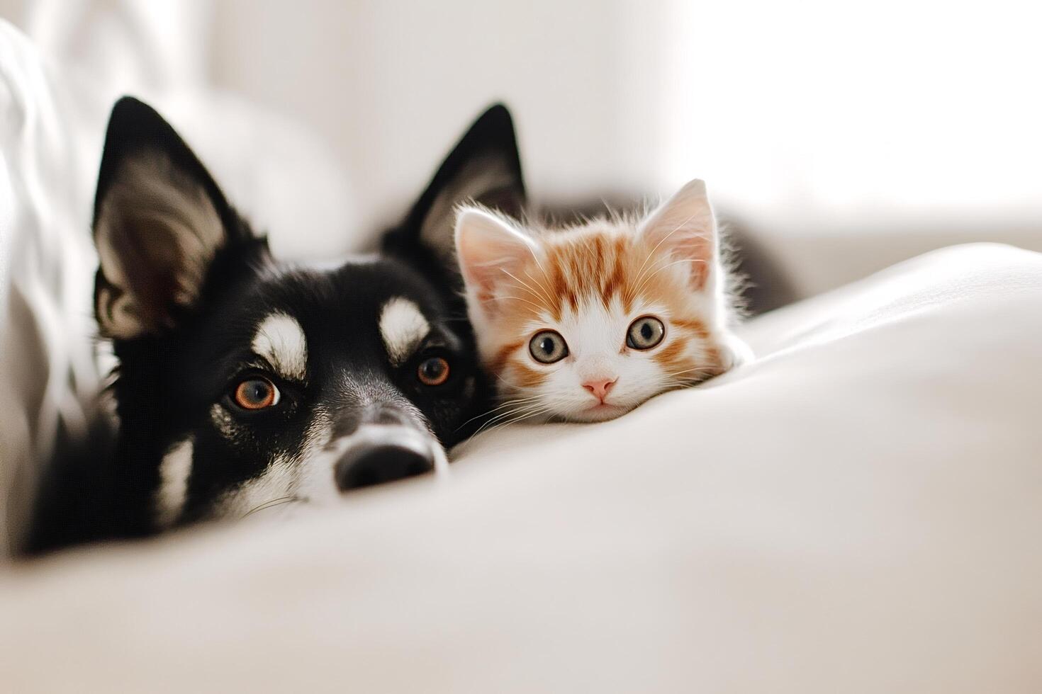 Adorable puppy and kitten relaxing together on sofa photo