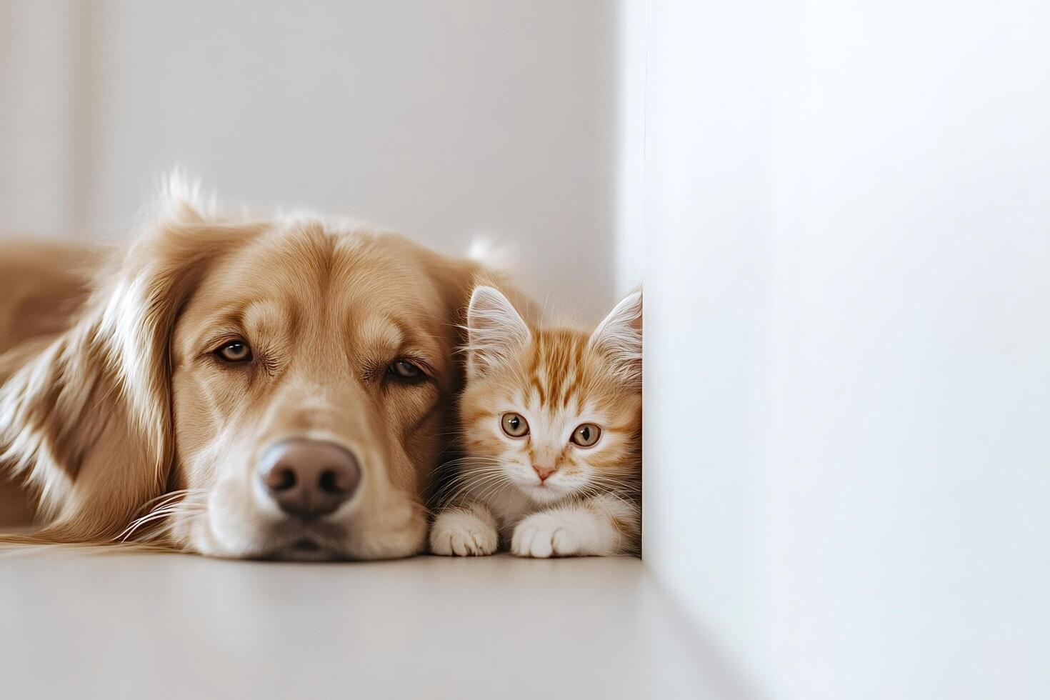 Golden retriever resting with ginger kitten on floor photo
