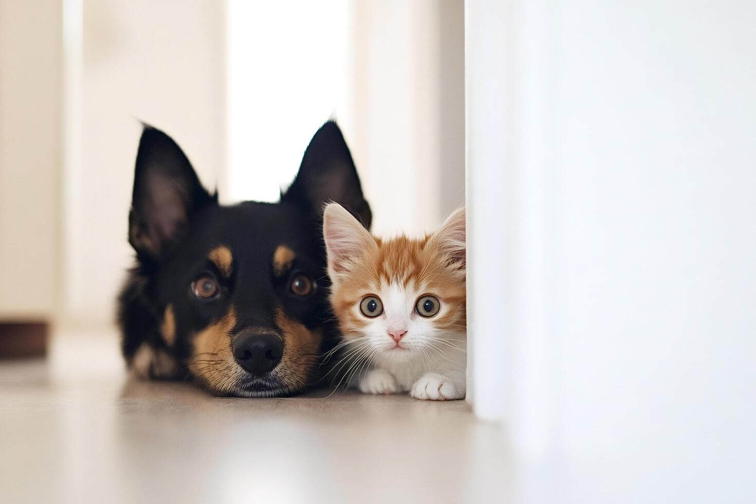 Curious kitten and dog relaxing at home photo