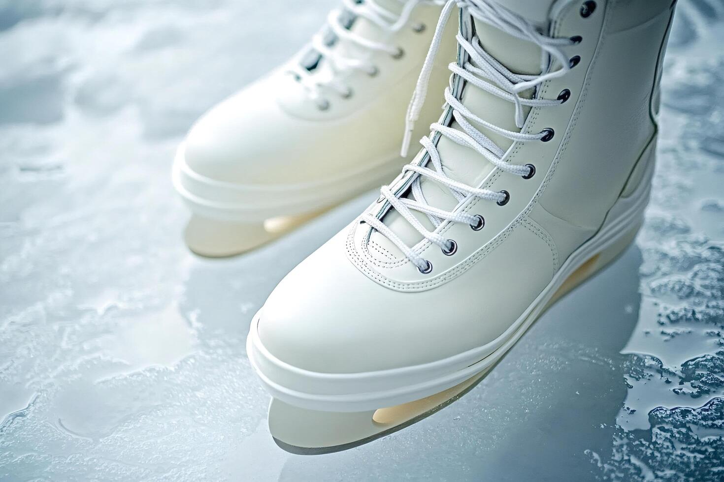 White ice skates resting on frozen surface with melting ice photo