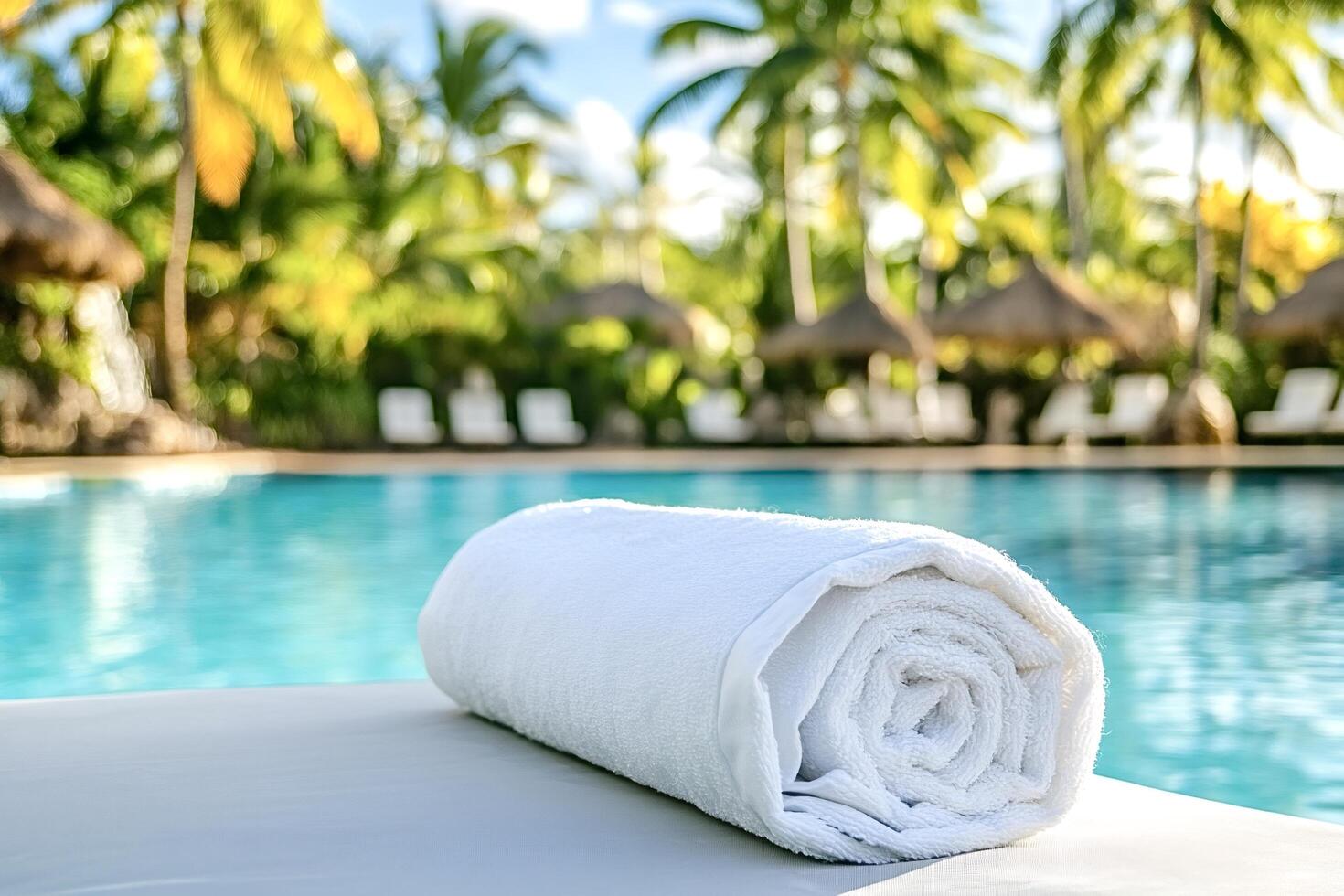 Rolled white towel inviting to relax by the swimming pool photo