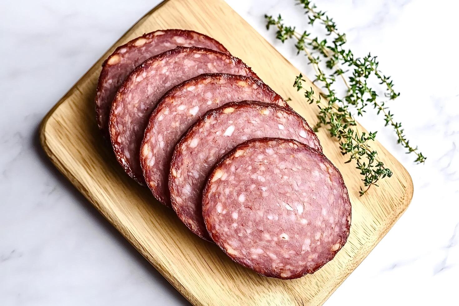Sliced sausage with thyme on cutting board appetizer presentation photo