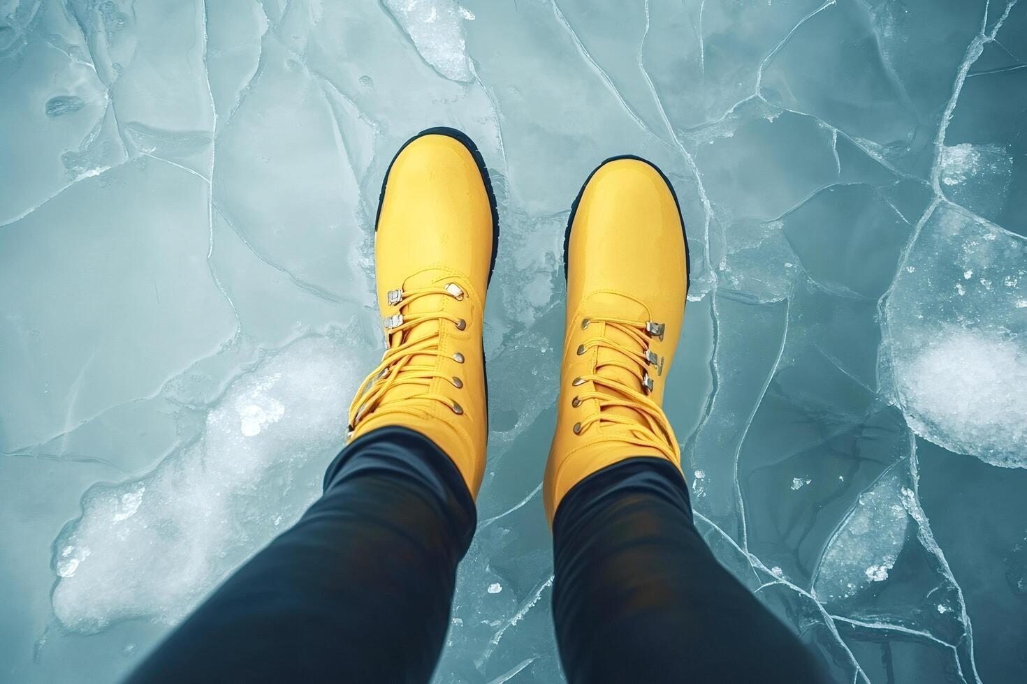 Woman wearing yellow boots standing on frozen lake ice in winter photo